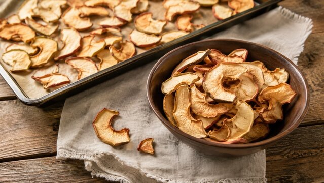 Aromatic Dried Apple Slices Displayed in a Wooden Bowl along with a Tray of Crispy Fruit Delicacies on a Rustic Table Setting
