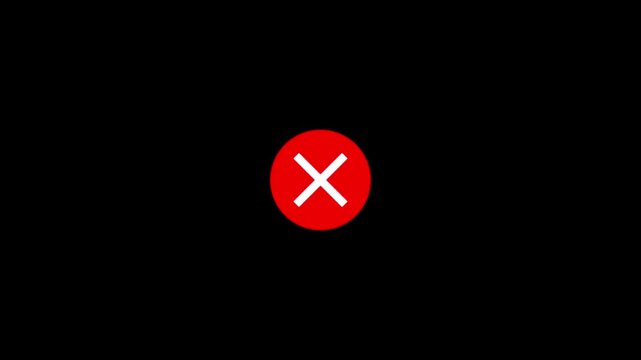 White cross mark icon on red circle background, symbol for failure, wrong icon on black background