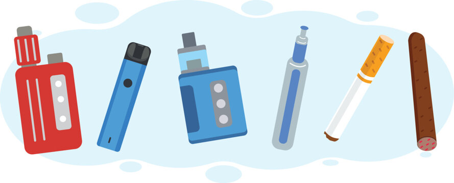 Horizontal row of modern vaping devices e-cigarettes paper cigarette and cigar for electronic smoking alternative comparison nicotine dependence and health awareness