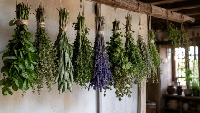 A Bountiful Display of Freshly Gathered Herbs Hanging in a Rustic Kitchen, Showcasing Nature's Vibrant Colors and Aromatic Qualities