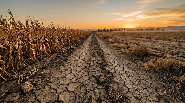 Dried cornfield with cracked earth at golden hour