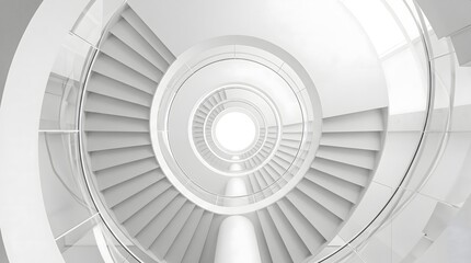 Fototapeta premium Modern minimalist white spiral staircase architectural shot from below, emphasizing clean lines and abstract concentric design for commercial use.
