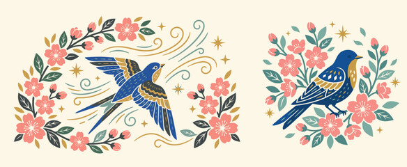 Folk art vector illustration set of a flying swallow and perched bluebird in cherry blossom floral frames with stars and swirls in a rustic linocut block print style © GraphicGalaxy