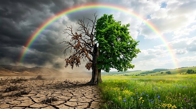 Tree dividing dry cracked earth and lush green meadow with rainbow