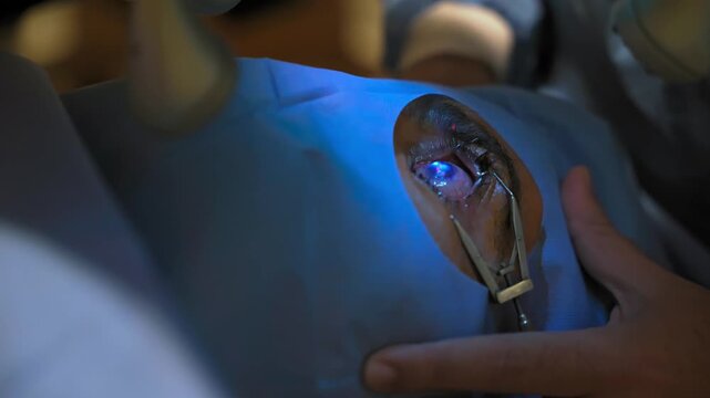 Laser vision correction. A patient and team of surgeons in the operating room during ophthalmic surgery. Eyelid speculum. Lasik treatment. Patient under sterile.Repositioning of the lasik corneal flap