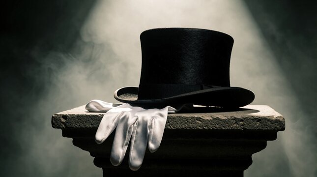 Black top hat and white gloves rest on stone pedestal under spotlight. Misty background creates vintage atmosphere. Evokes mystery, magic, and classic performance.