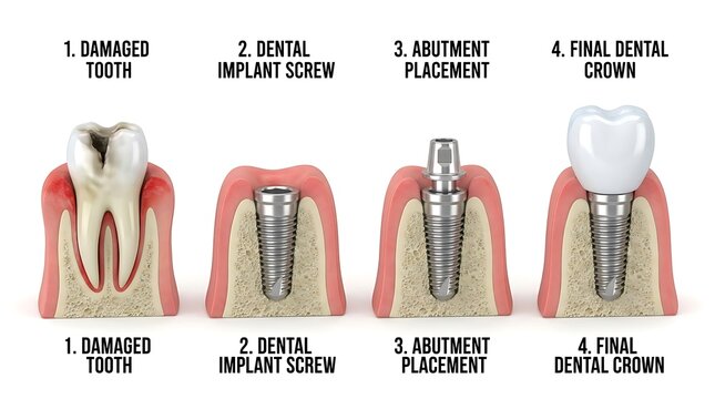 Four stage process of dental implant restoration including tooth damage and final crown placement