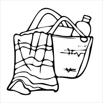 Summer beach bag with a towel, water, and sunscreen stikers doodle outline vector