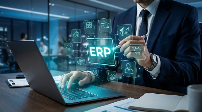 Business executive working with ERP software platform supporting enterprise automation financial management procurement and inventory optimization workflows