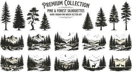 Obraz premium Vintage Hand Drawn Pine and Forest Silhouette Vector Art Collection Featuring Isolated Evergreen Trees and Detailed Mountain Wilderness Landscape Vignettes