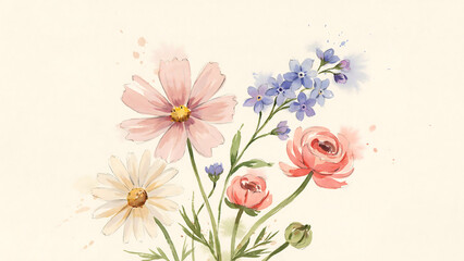 Obraz premium Delicate watercolor painting of cosmos, daisy, and blue flowers isolated on a transparent background