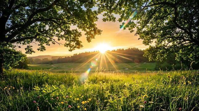 Sunrise glowing through trees in a meadow