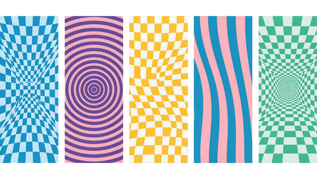 Set of five colorful retro psychedelic geometric patterns with psychedelic