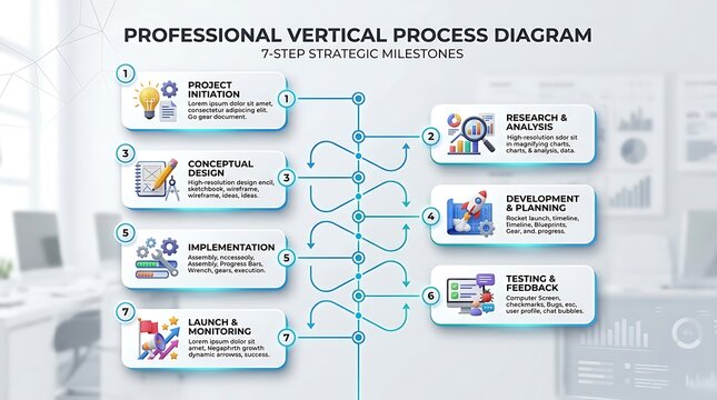 Seven step vertical process diagram for business strategy