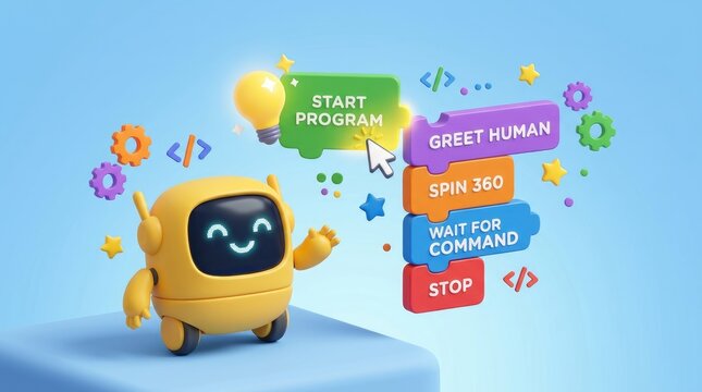 Cute yellow robot interacting with a colorful block based programming interface on a blue background