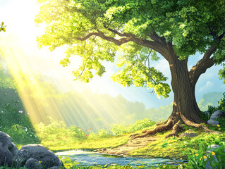 Fototapeta premium Sunlit Forest Scene with Tree and Sun Rays