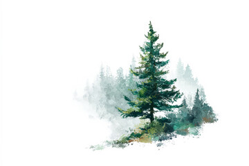 Fototapeta premium Evergreen Tree in Misty Forest Watercolor Illustration