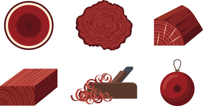 Wood Industry and Carpentry Vector Icon Set Featuring Timber Log Cross Sections Red Hardwood Planks Shavings and Hand Plane Tools