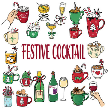 Festive Cocktail Collection Hand Drawn Illustrations of Hot Chocolate Mulled Wine Champagne and Christmas Mugs with Candy Canes and Marshmallows for Holiday