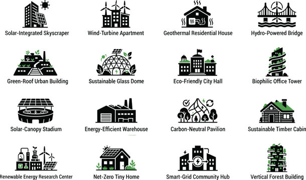Sustainable architecture and green city infrastructure glyph icon set featuring eco friendly buildings renewable energy systems and biophilic urban designSustainable architecture and green city infras