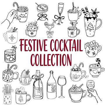 Festive cocktail collection hand drawn illustrations of hot chocolate wine and cocktails with candy canes marshmallows and snowflakes for holiday celebration