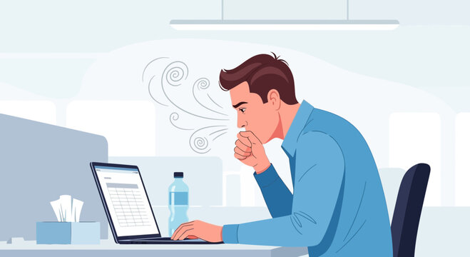Office Worker Experiencing Symptoms Indicative Of Respiratory Illness Amidst Work