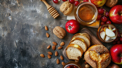 Fototapeta premium A festive arrangement of apples, honey, nuts, and challah bread for Jewish New Year. horizontal banner, copy space, free space for text