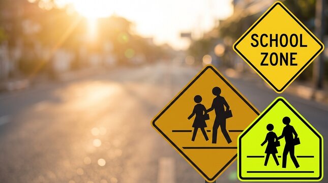 School Zone Traffic Signs on Blurred Road Background with Morning Sunlight