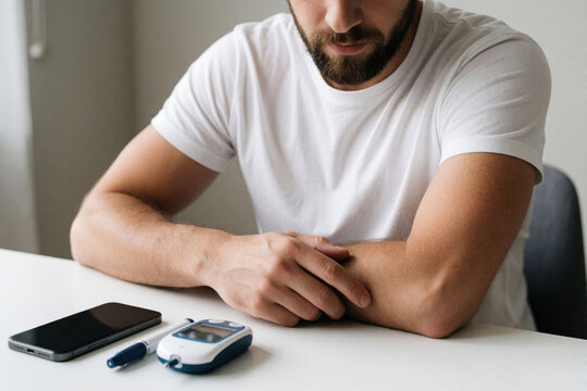 Man checks blood sugar level with glucometer and phone at home. Diabetes patient monitors glucose meter for health and wellness. Young adult self cares using tech.