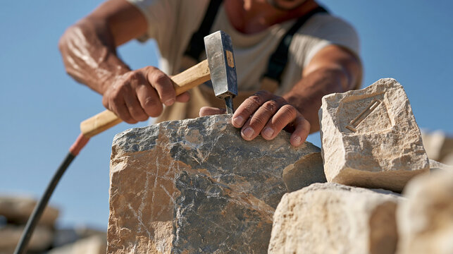 Stone mason chips at a reclaimed wall bl 2