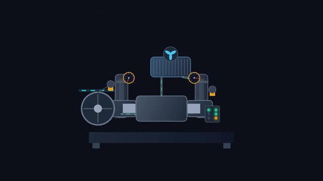 Animated flat vector illustration of an industrial machine with gauges and mechanical parts on a dark background