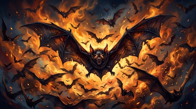 Halloween a swarm of bats flying in front of a fiery background