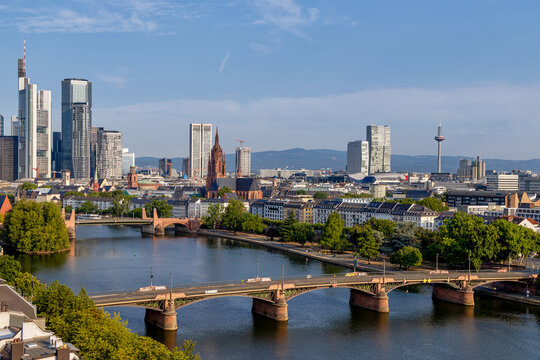 a top-down view of the Main river and bridges, with a view of Frankfurt at sunny sky