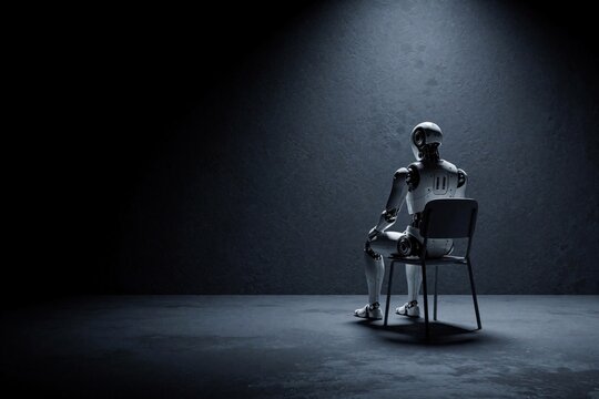 Humanoid robot sits alone on chair in dark empty room. Cyber android machine looks at wall in solitude. Futuristic tech concept shows metal bot in darkness with blue light. Minimalist illustration