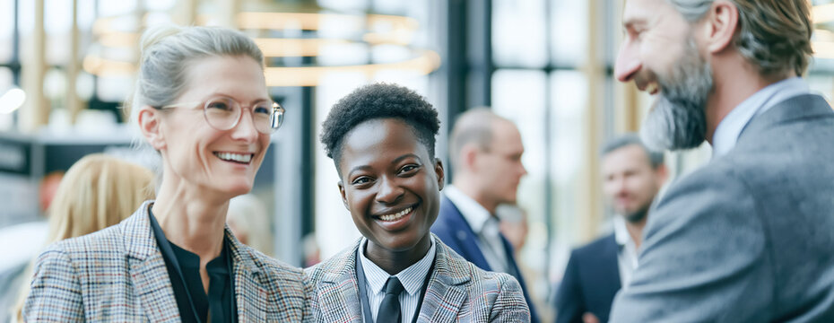 Businesspeople laugh together at a trade show, capturing a warm first impression, relaxed mood, and natural human connection.