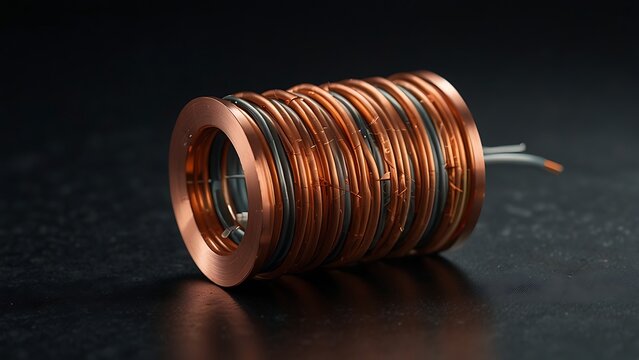 Precision copper wire coil or inductor component with a cylindrical metallic housing on a dark reflective surface for electronic hardware engineering