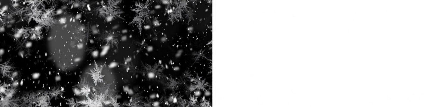 Abstract pattern of snowflakes and ice crystals falling on dark background, transparent png overlay for winter holiday designs and festive decorations.