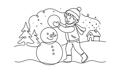 Child playing with large snowman in winter wonderland isolated on transparent background, Vector Christmas day & winter scission   2027 one line art vector editable design