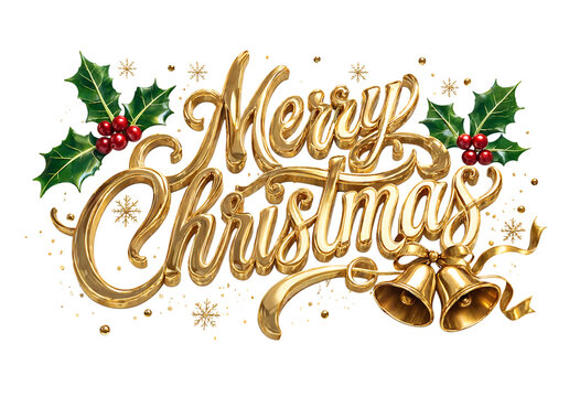 Elegant golden Christmas greeting with holly berries and bells design transparent background