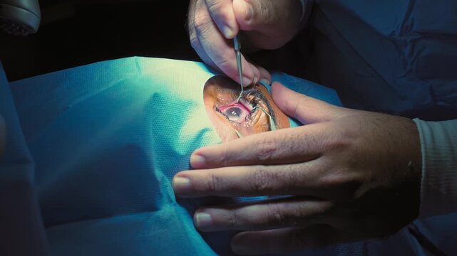 Laser vision correction. A patient and team of surgeons in the operating room during ophthalmic surgery. Eyelid speculum. Lasik treatment. Patient under sterile.Repositioning of the lasik corneal flap