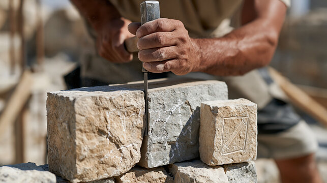 Stone mason chips at a reclaimed wall bl 4