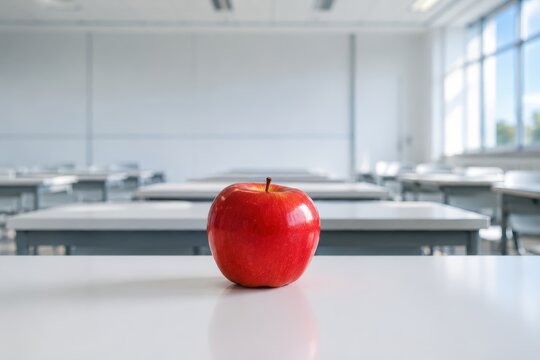 An Apple for the Teacher: A single, ripe red apple sits prominently on a desk in an empty classroom, symbolizing education and the classic teacher's gift.