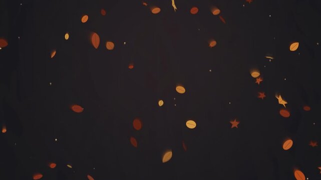 Abstract animation with falling autumn leaves and stars against dark background, dynamic seasonal elements, festive visuals for event backdrops and creative projects.