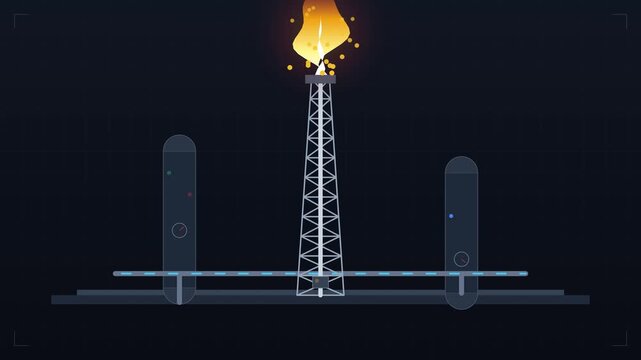 Industrial vector animation of a gas flare burning atop an oil rig tower with storage tanks and pipeline