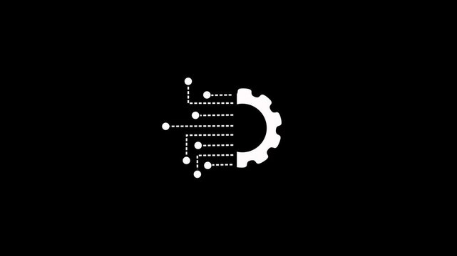 Animated data integration on black background. Gear and circuit board icon. Gear icon with digital connections and nodes technology network animation