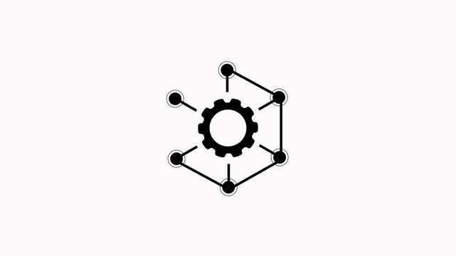 Animated gear network icon with hexagonal nodes on white background. Framework icon curriculum development with hexagonal node connection technology graphic element