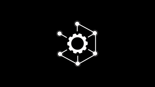 Animated gear network icon with hexagonal nodes on black background. Framework icon curriculum development with hexagonal node connection technology graphic element