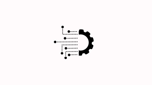 Animated data integration on white background. Gear and circuit board icon. Gear icon with digital connections and nodes technology network animation
