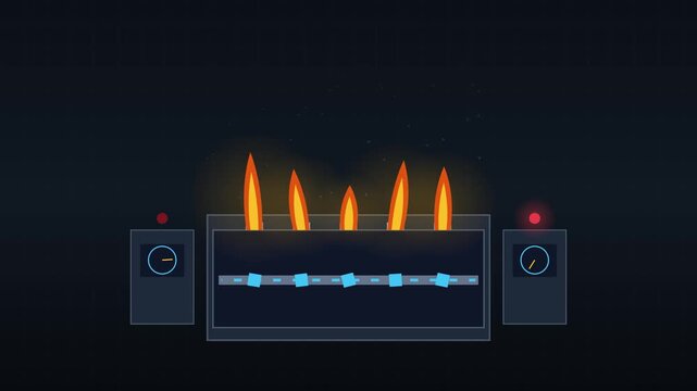 Vector motion graphic showing industrial manufacturing process with furnace flames heating components on a moving conveyor belt