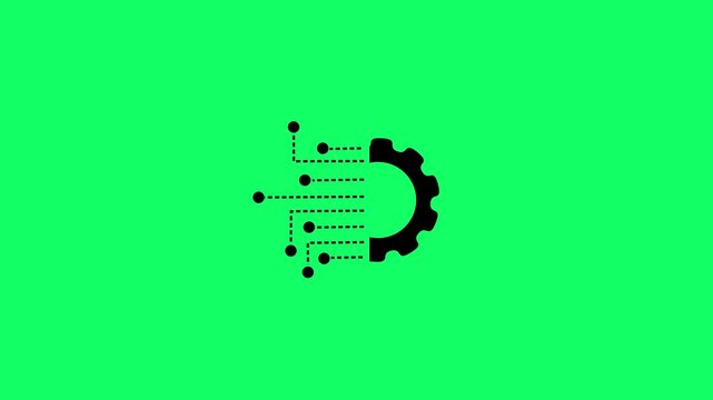 Animated data integration on green background. Gear and circuit board icon. Gear icon with digital connections and nodes technology network animation